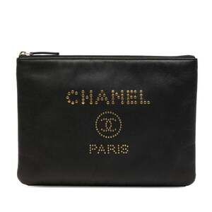 CHANEL Black Caviar Leather Logo Clutch Bag